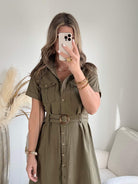 Robe chemise kaki coupe midi taille marquée élégante du 36 au 50 Easy Dressing