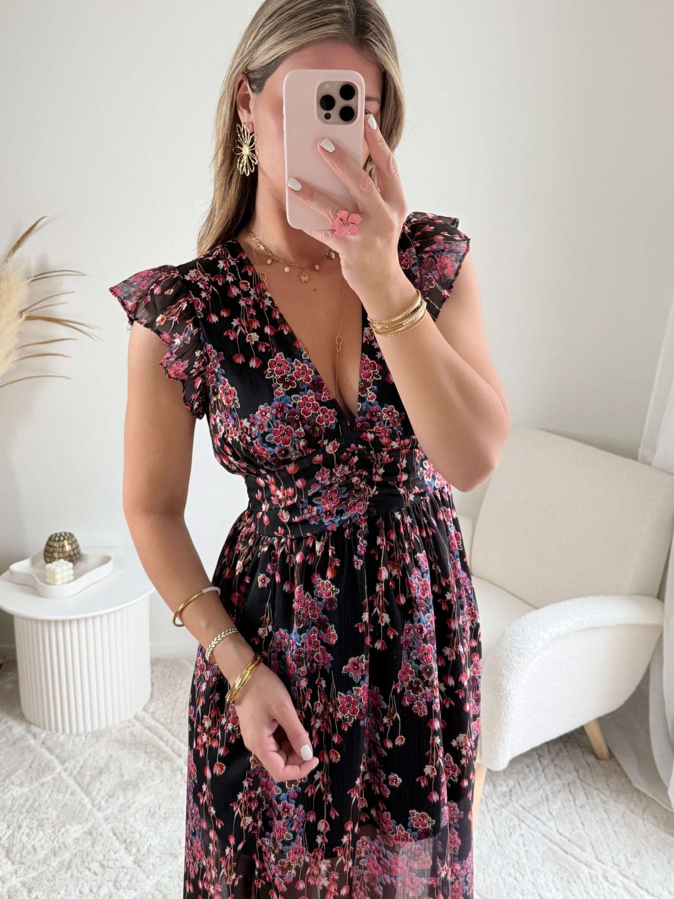 Robe fendue fleurie dorée - Lya