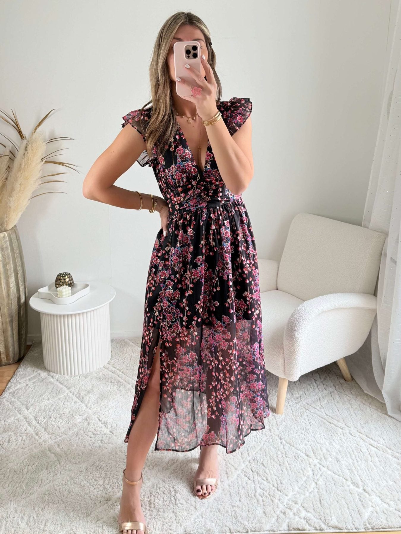 Robe fendue fleurie dorée - Lya