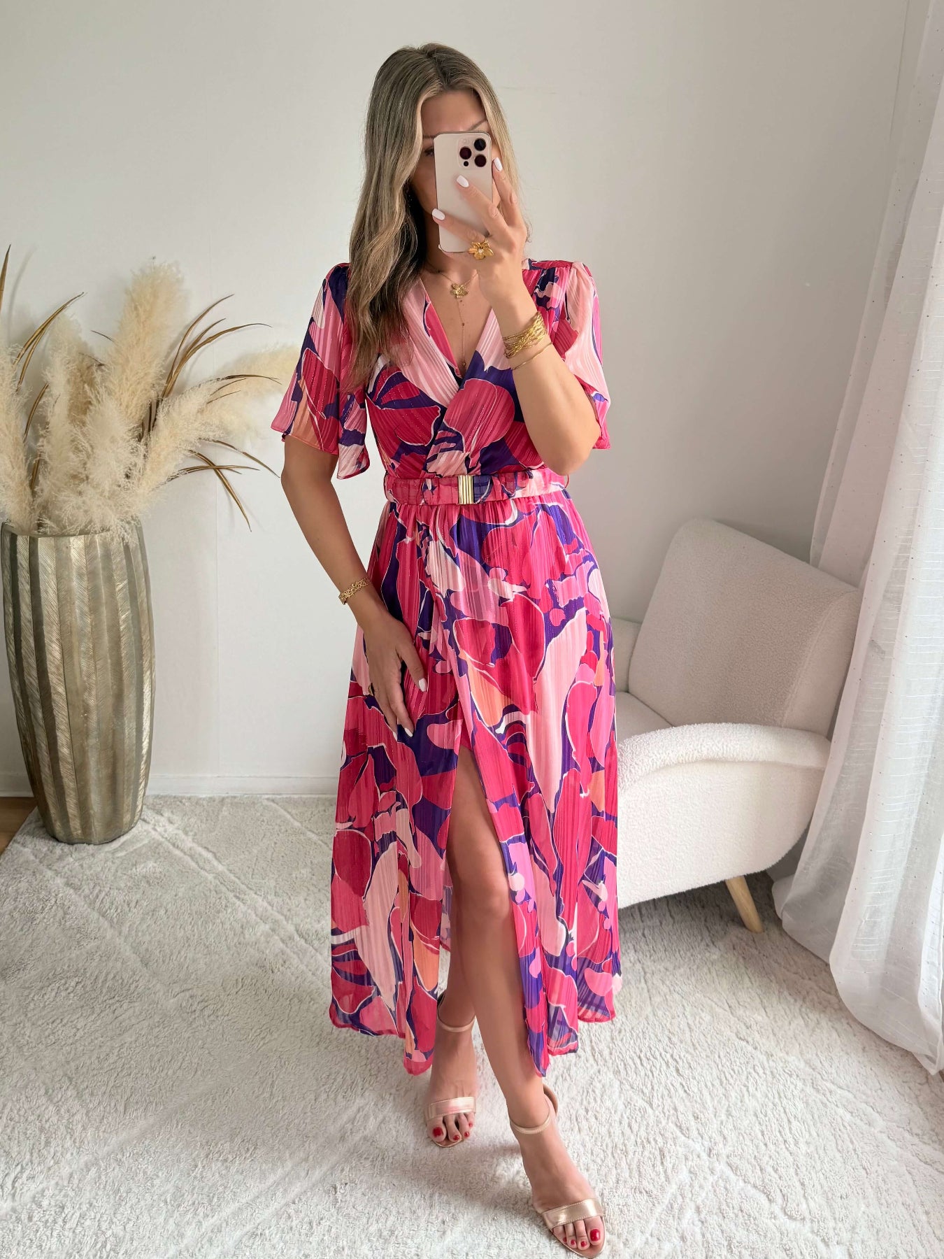 Robe longue rose prune fluide fendue femme élégante Easy Dressing