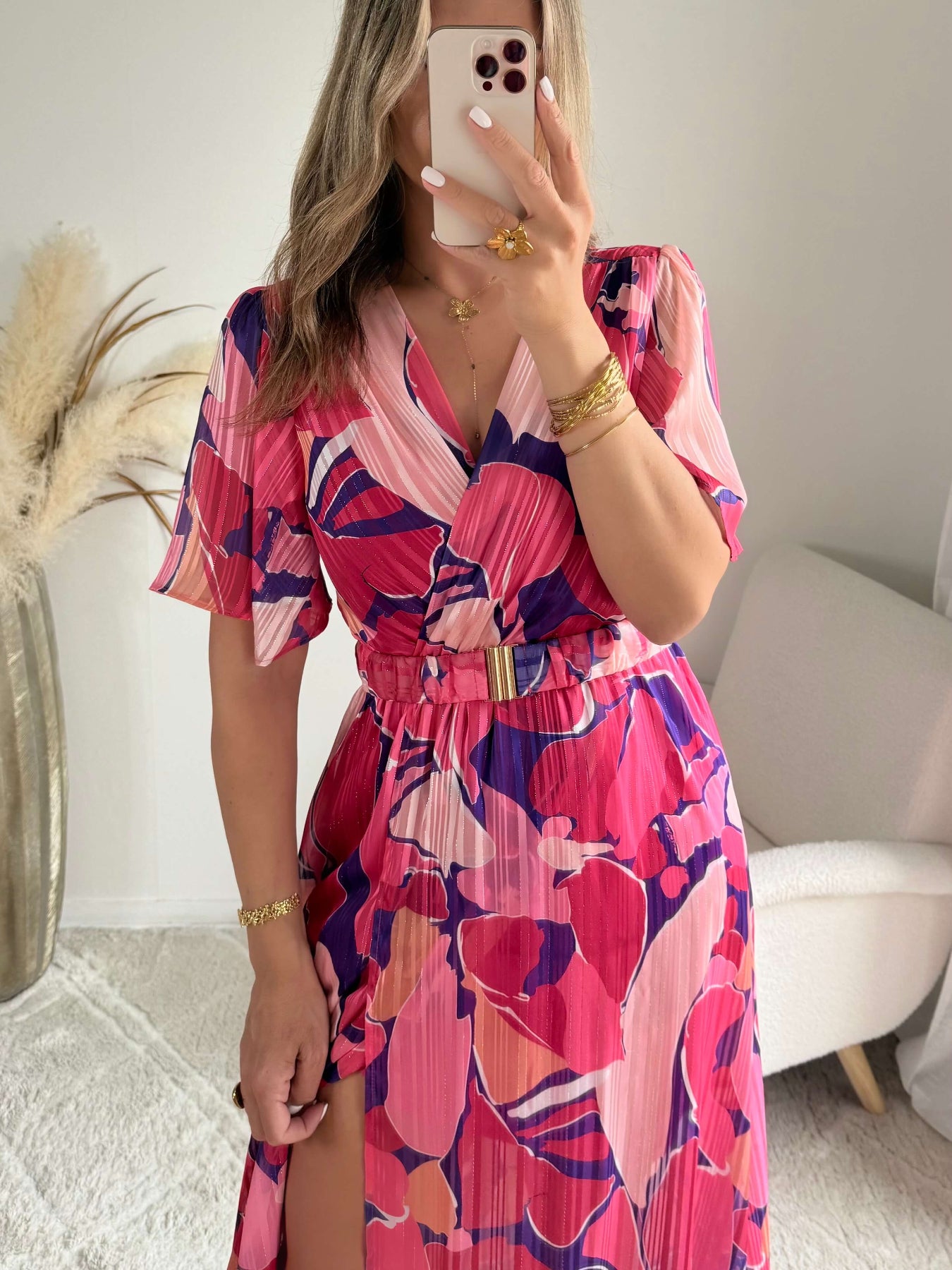 Robe longue rose prune fluide fendue femme élégante Easy Dressing