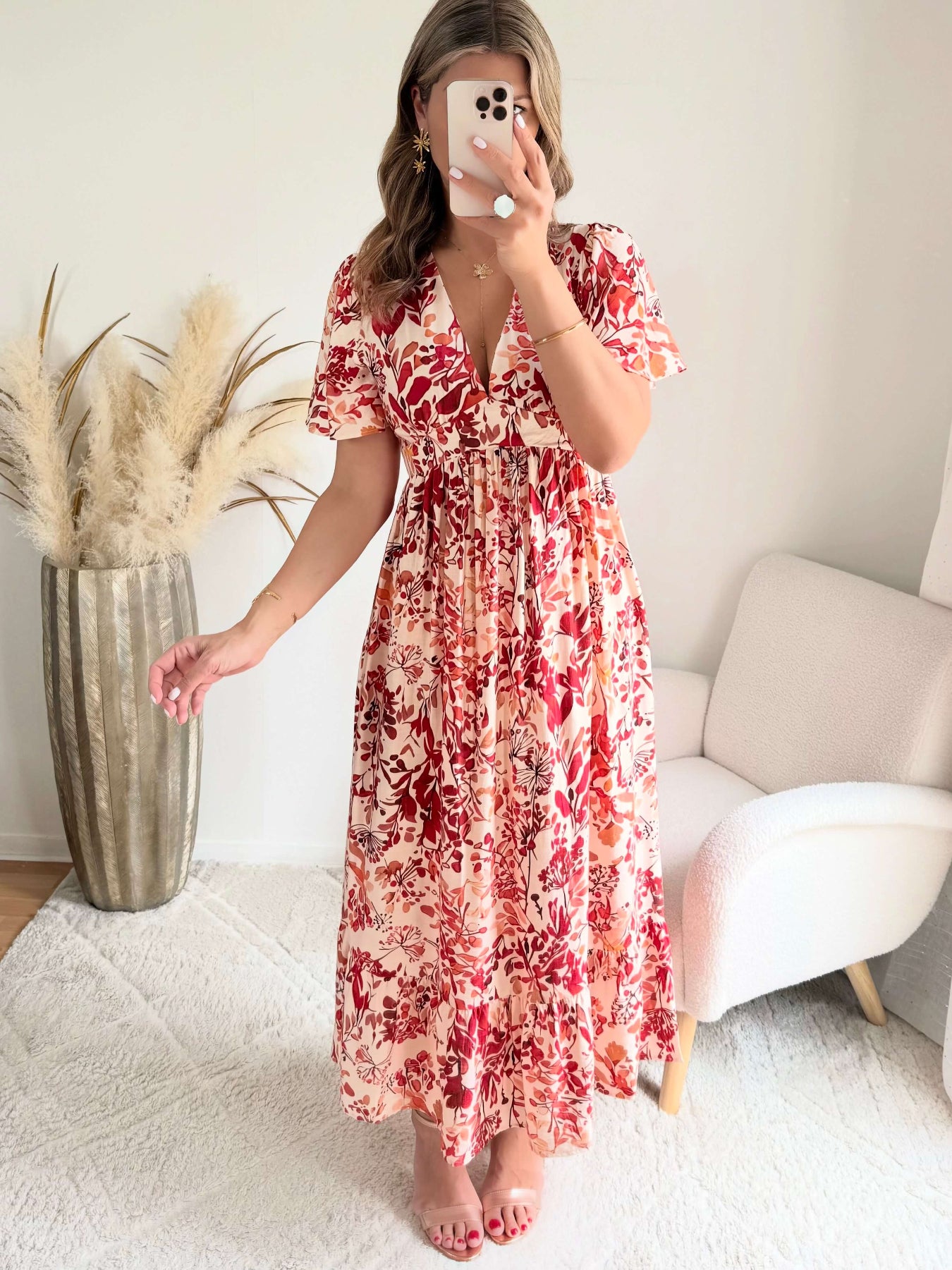 Robe midi fleurie rouge et écru décolleté V manches courtes robe fluide femme du S au 4XL élégante cérémonie été
