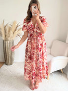 Robe midi fleurie rouge et écru décolleté V manches courtes robe fluide femme du S au 4XL élégante cérémonie été