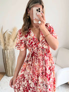 Robe midi fleurie rouge et écru décolleté V manches courtes robe fluide femme du S au 4XL élégante cérémonie été