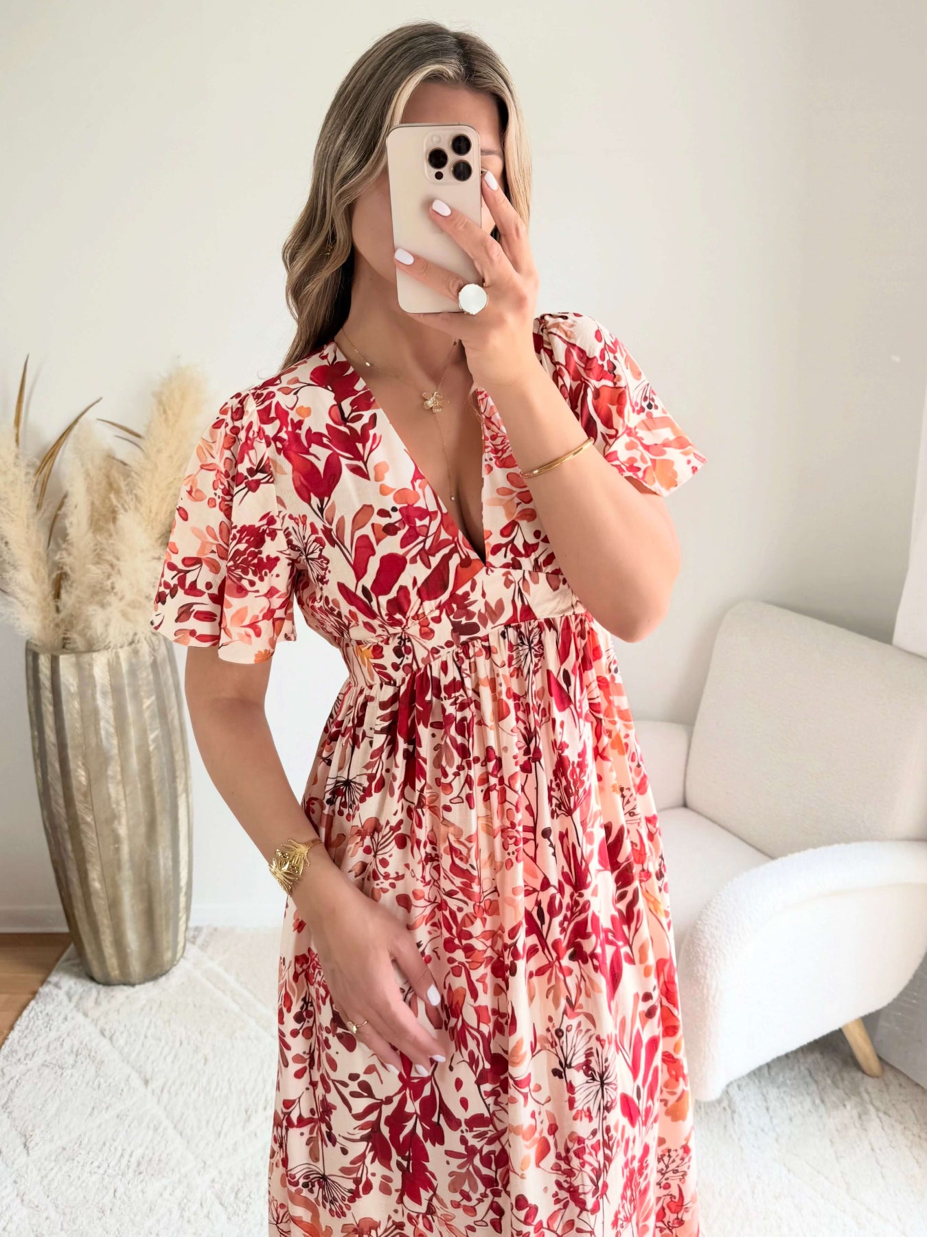 Robe midi fleurie rouge et écru décolleté V manches courtes robe fluide femme du S au 4XL élégante cérémonie été