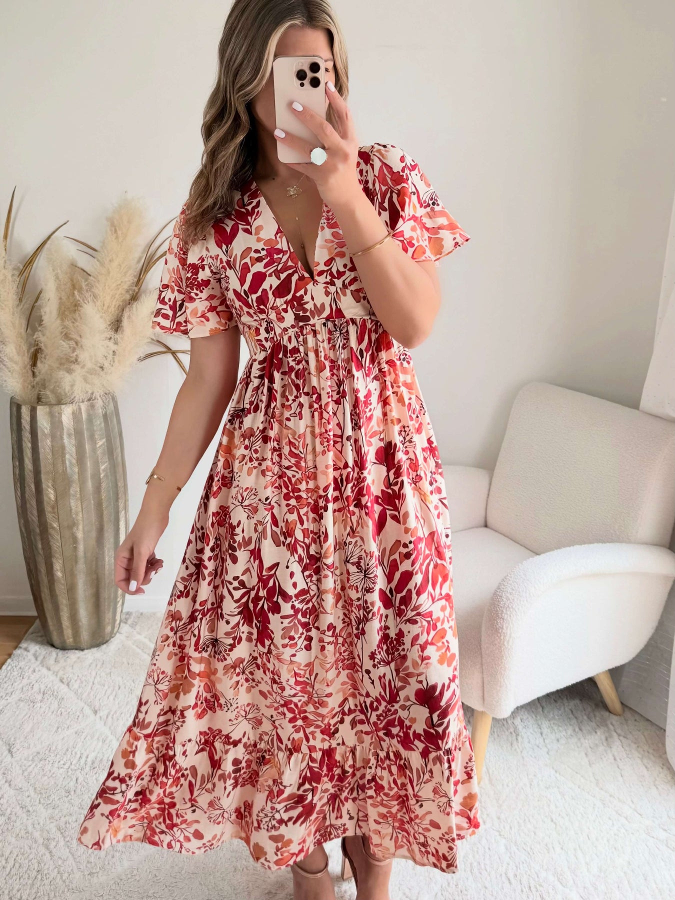 Robe midi fleurie rouge et écru décolleté V manches courtes robe fluide femme du S au 4XL élégante cérémonie été
