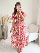 Robe midi fleurie rouge et écru décolleté V manches courtes robe fluide femme du S au 4XL élégante cérémonie été