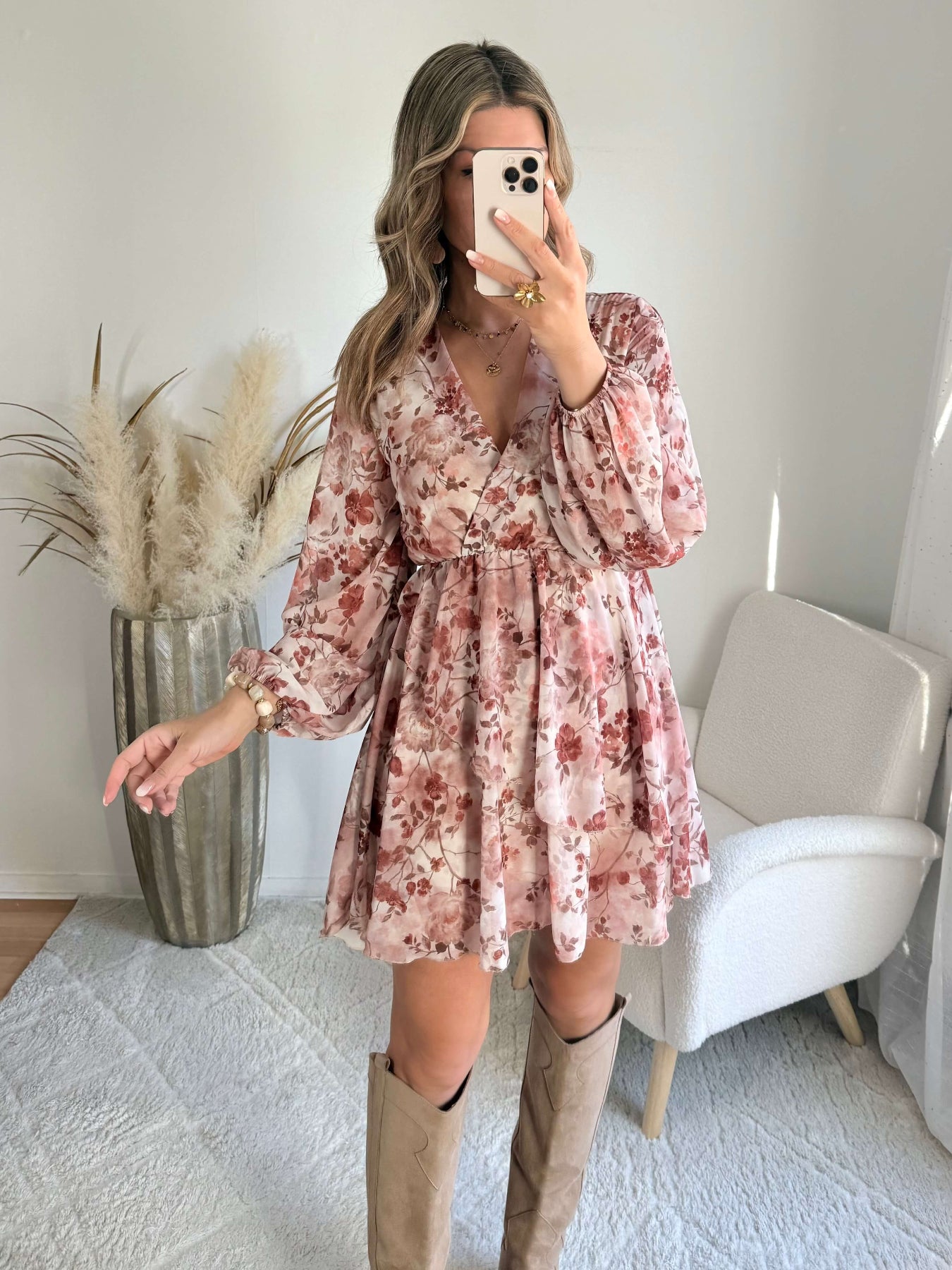 Robe courte femme fleurie rose terracotta Cassie - Easy Dressing