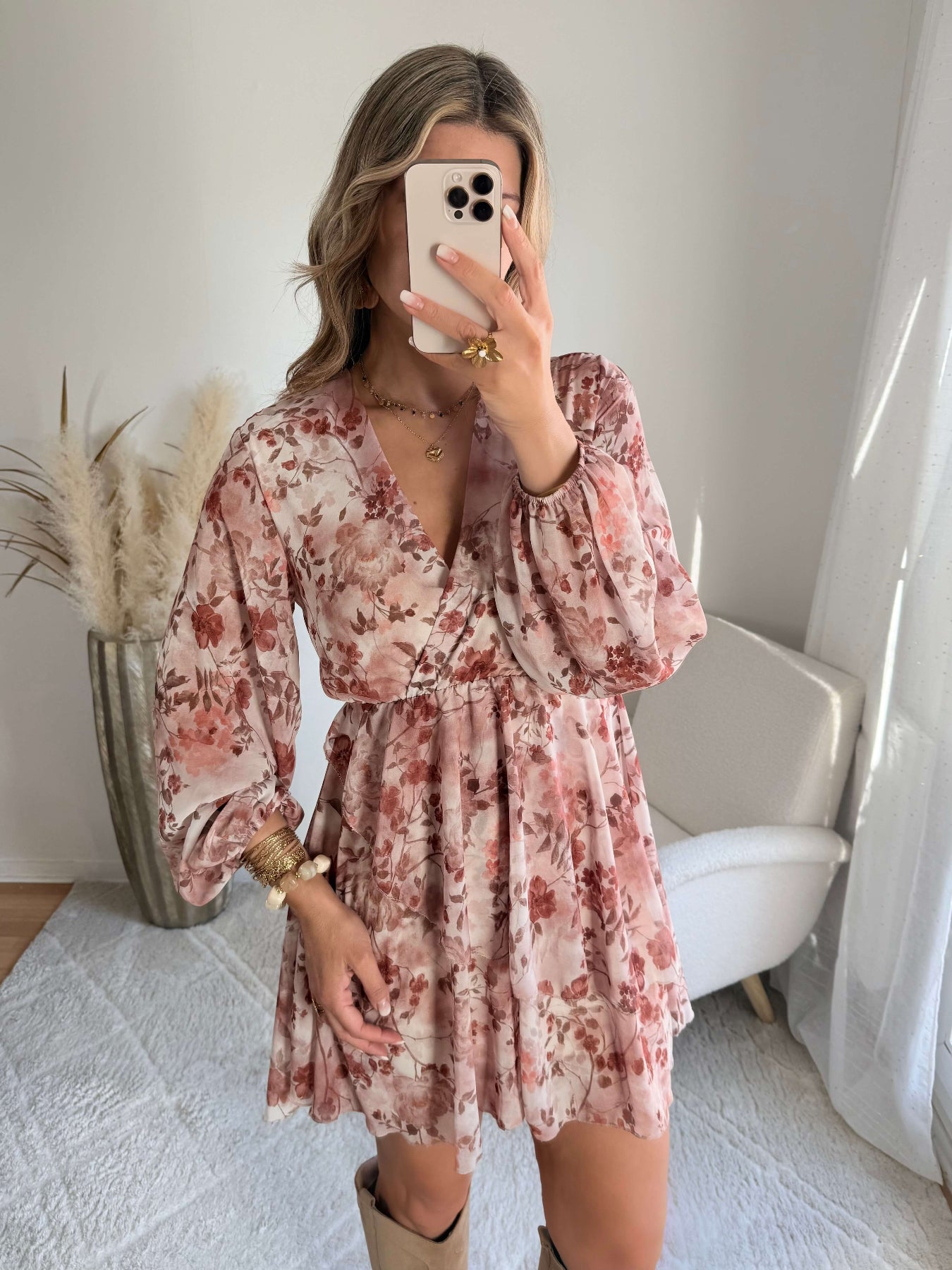 Robe courte femme fleurie rose terracotta Cassie - Easy Dressing
