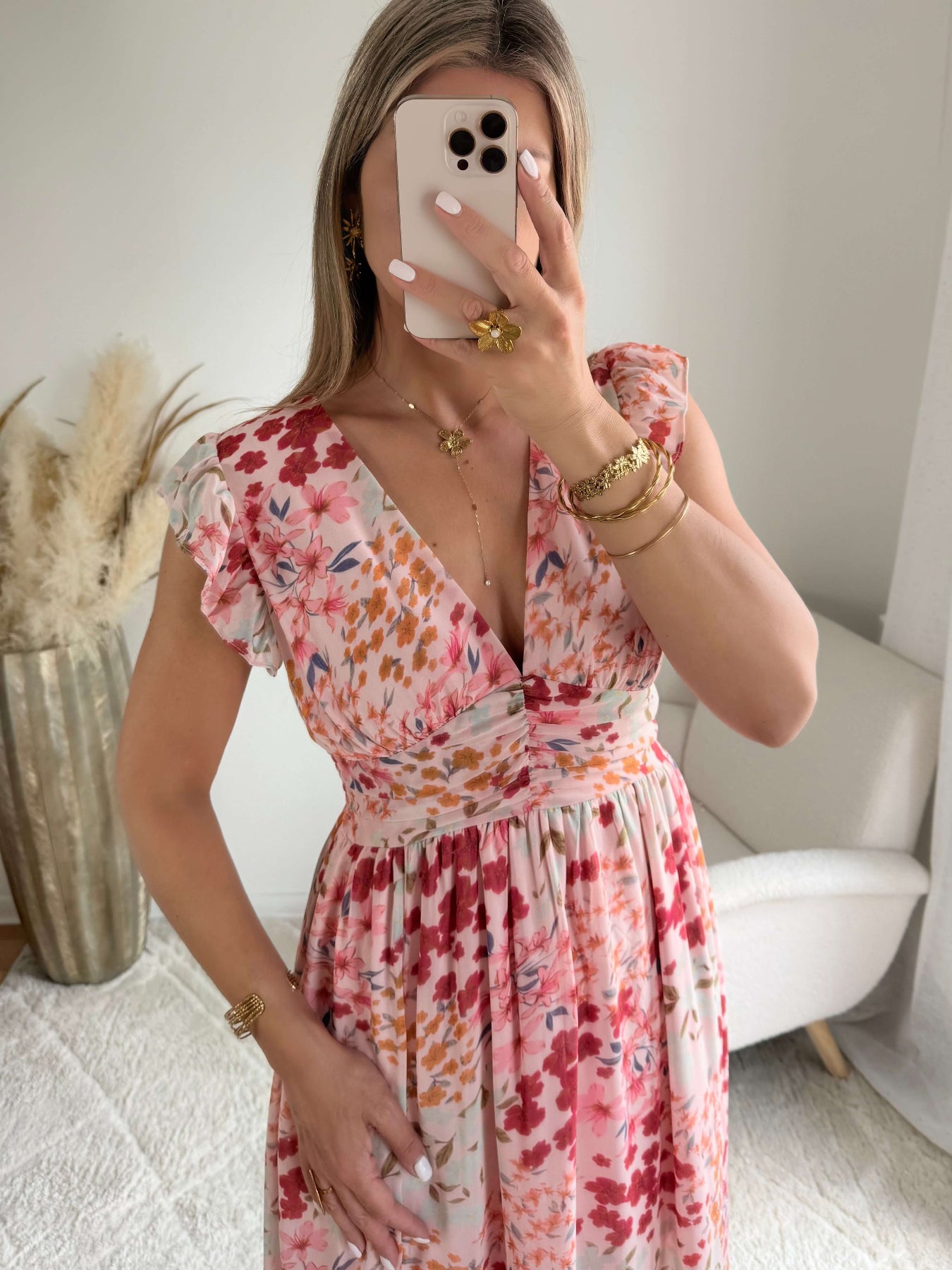 Robe longue fluide imprimée rose Avery décolleté V taille marquée Easy Dressing