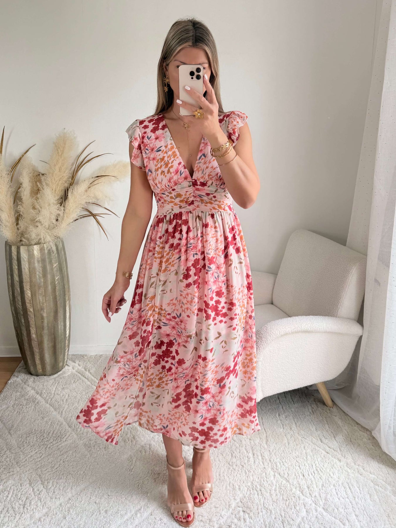 Robe longue fluide imprimée rose Avery décolleté V taille marquée Easy Dressing