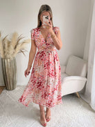 Robe longue fluide imprimée rose Avery décolleté V taille marquée Easy Dressing