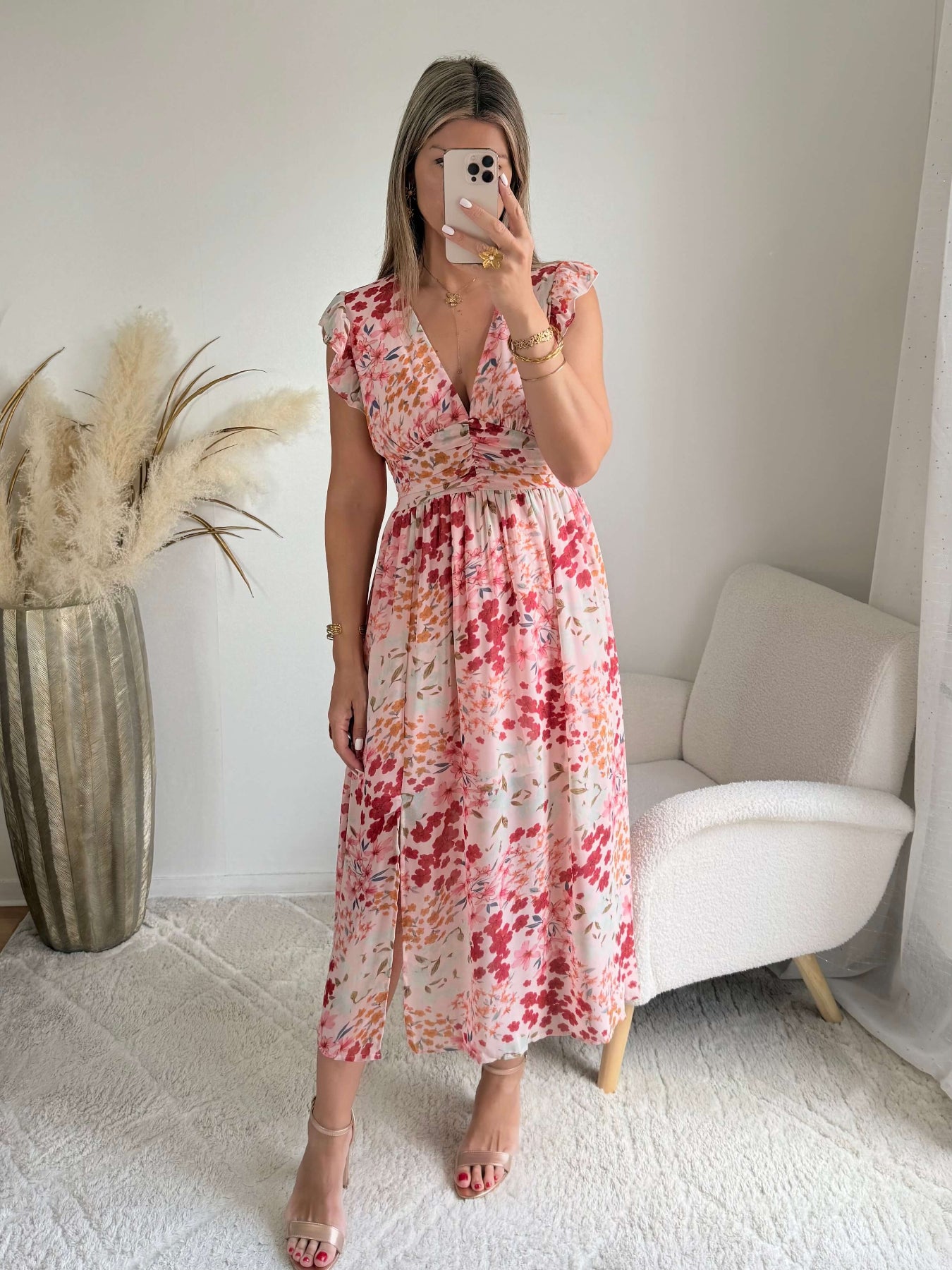 Robe longue fluide imprimée rose Avery décolleté V taille marquée Easy Dressing
