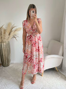 Robe longue fluide imprimée rose Avery décolleté V taille marquée Easy Dressing