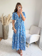 Robe longue bleue - Lyana du S au 4XL manches fluides et décolleté croisé