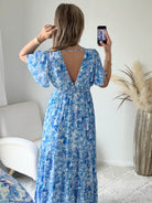 Robe longue bleue - Lyana du S au 4XL manches fluides et décolleté croisé