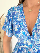 Robe longue bleue - Lyana du S au 4XL manches fluides et décolleté croisé