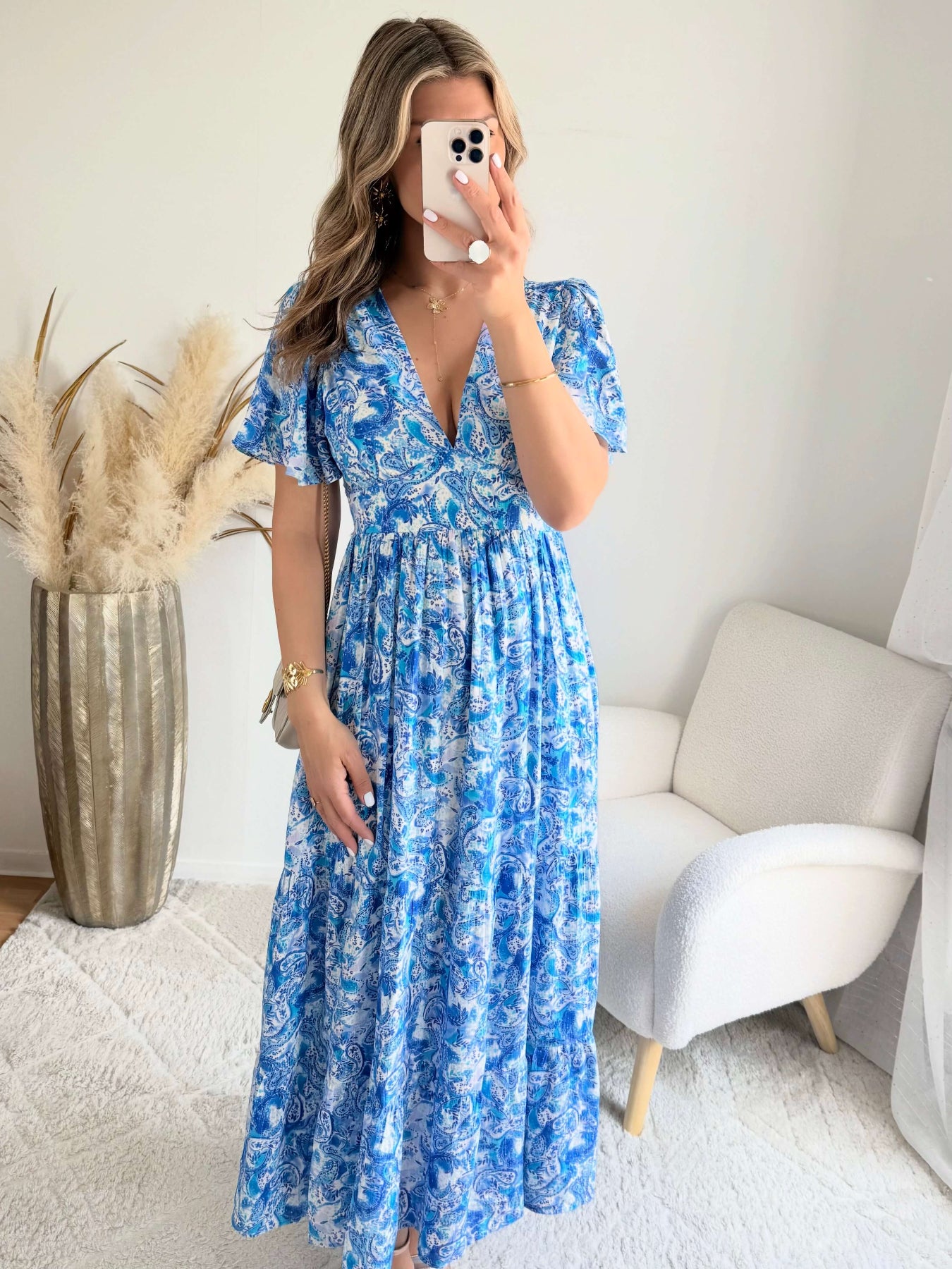 Robe longue bleue - Lyana du S au 4XL manches fluides et décolleté croisé