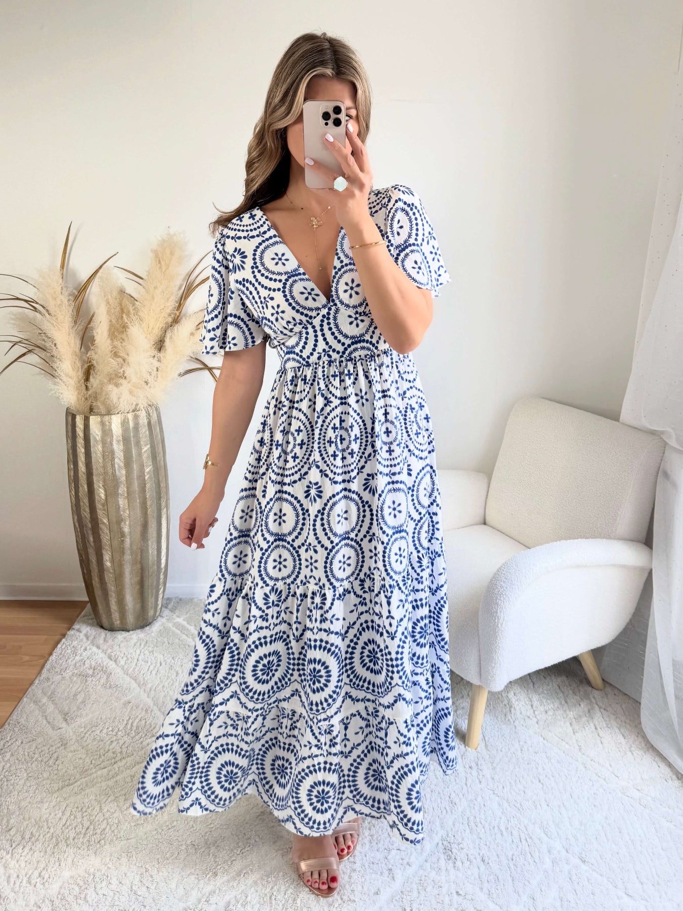Robe longue bleue - Riviera style bohème chic manches fluides et décolleté cache coeur