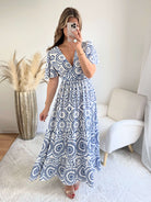 Robe longue bleue - Riviera style bohème chic manches fluides et décolleté cache coeur