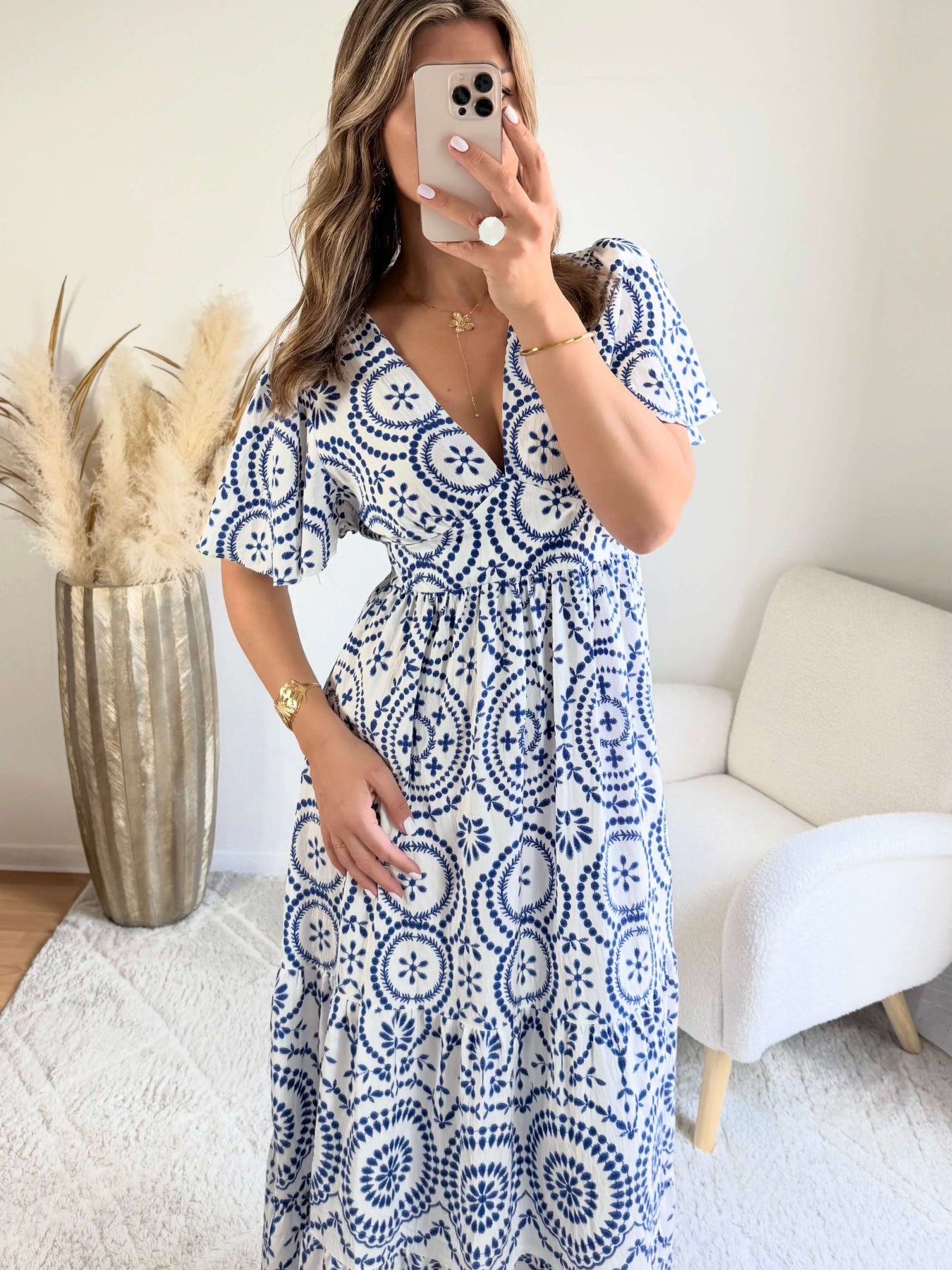 Robe longue bleue - Riviera style bohème chic manches fluides et décolleté cache coeur