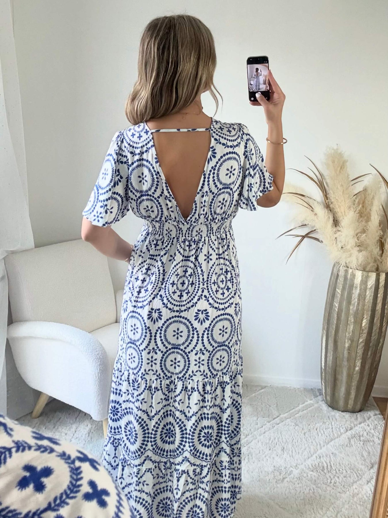 Robe longue bleue - Riviera style bohème chic manches fluides et décolleté cache coeur