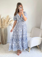 Robe longue bleue - Riviera style bohème chic manches fluides et décolleté cache coeur