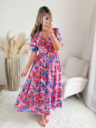 Robe longue fendue Indira imprimé bohème rose et violet portée modèle du 36 au 50 - Easy Dressing