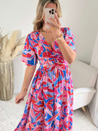 Robe longue fendue Indira imprimé bohème rose et violet portée modèle du 36 au 50 - Easy Dressing