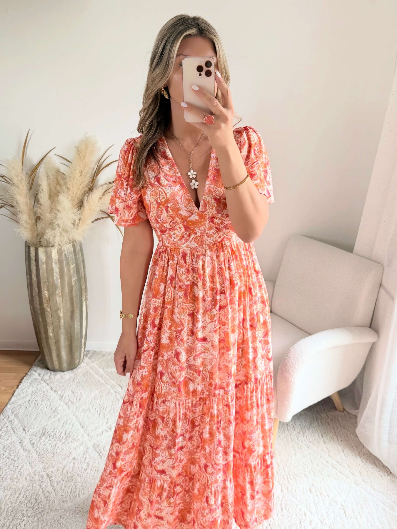 Robe longue corail - Lyana du S au 4XL manches fluides et décolleté croisé