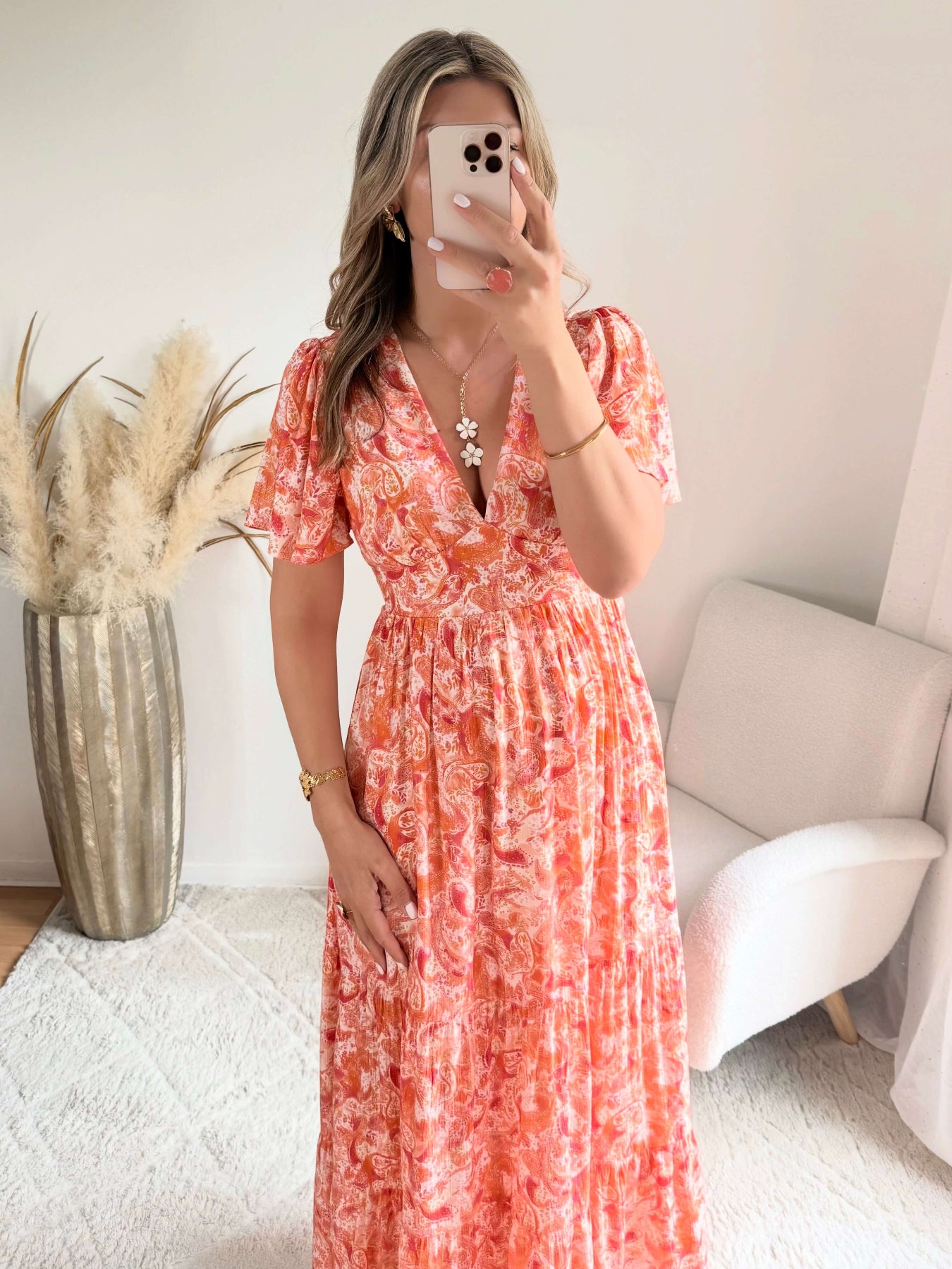 Robe longue corail - Lyana du S au 4XL manches fluides et décolleté croisé