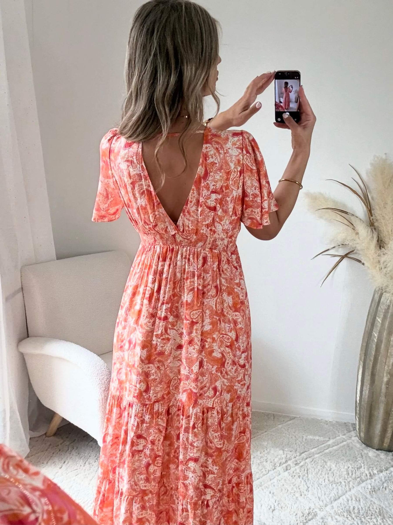 Robe longue corail - Lyana du S au 4XL manches fluides et décolleté croisé