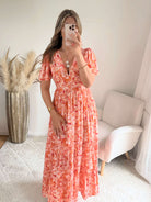 Robe longue corail - Lyana du S au 4XL manches fluides et décolleté croisé