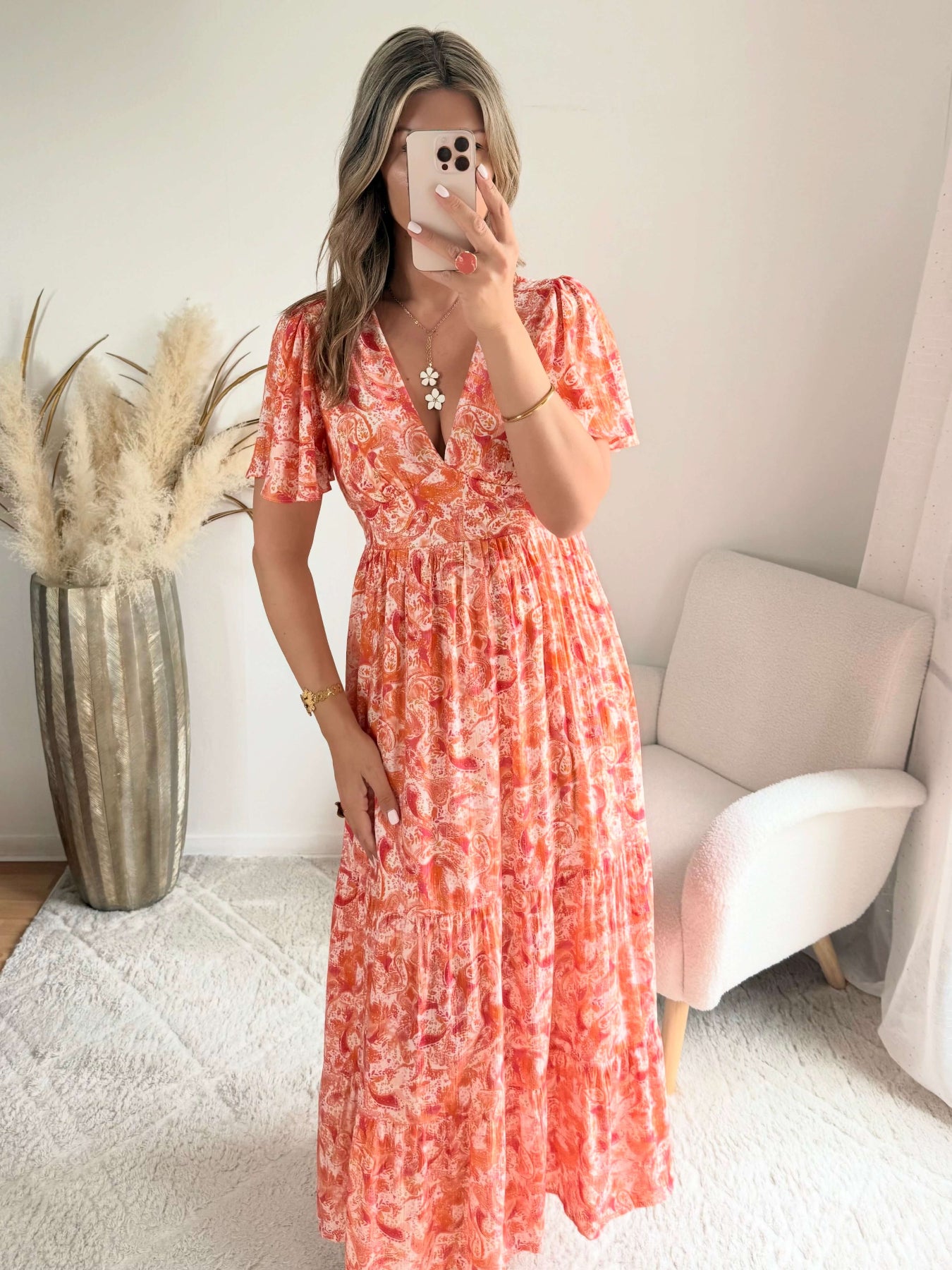Robe longue corail - Lyana du S au 4XL manches fluides et décolleté croisé