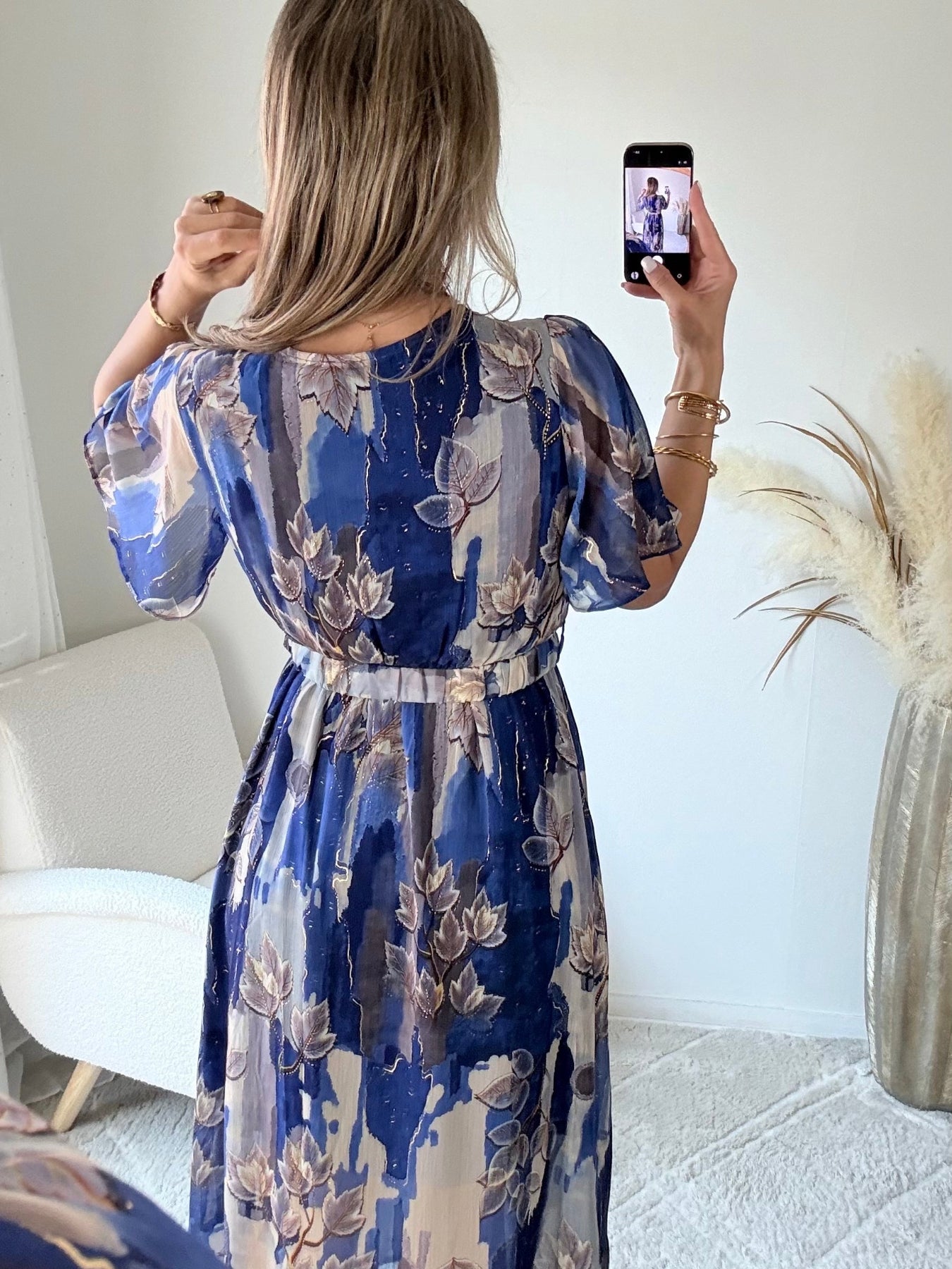 robe longue grande taille imprimée bleu doré femme coupe portefeuille fluide fendue du S au 4XL Mona