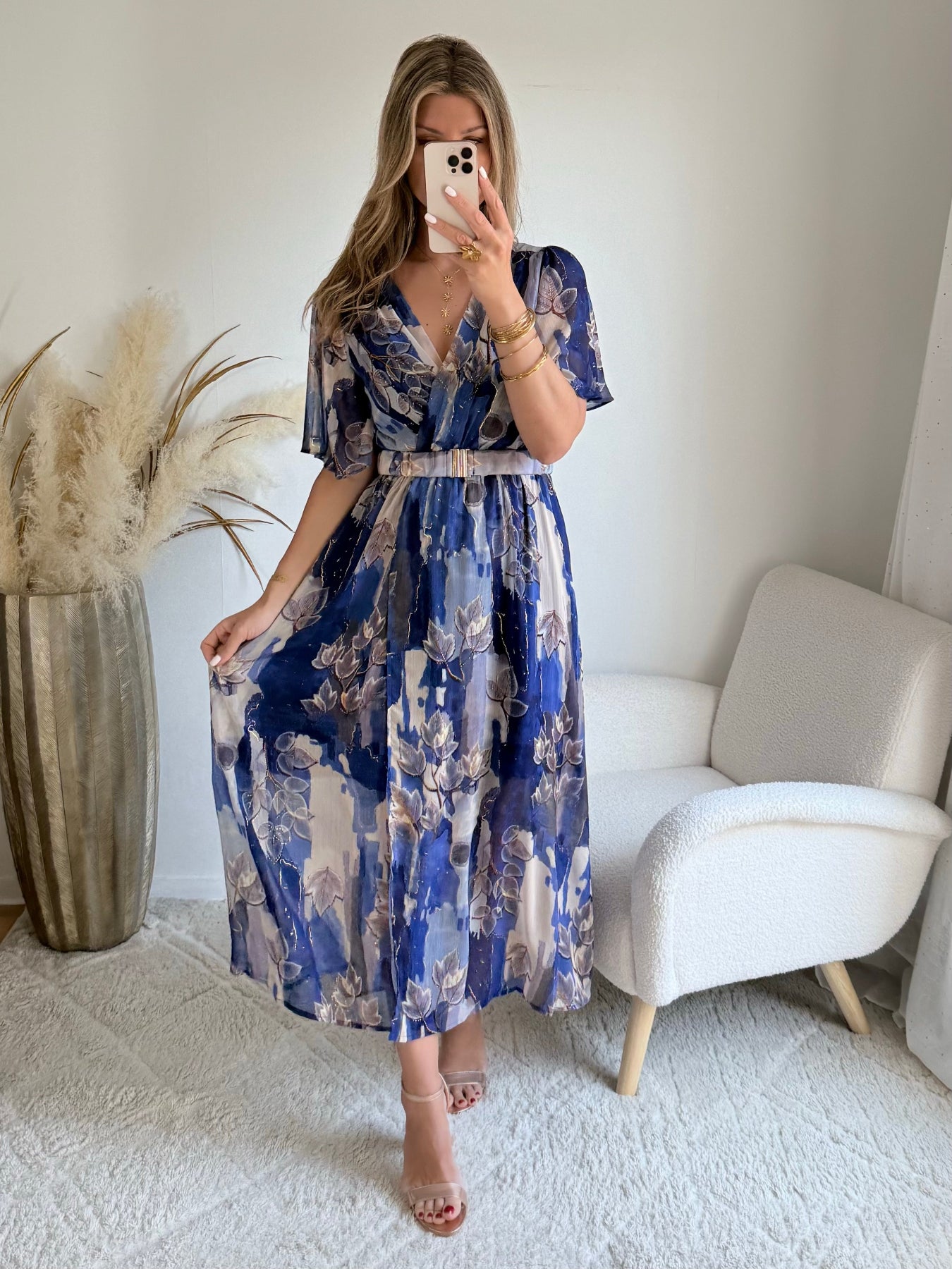 robe longue grande taille imprimée bleu doré femme coupe portefeuille fluide fendue du S au 4XL Mona