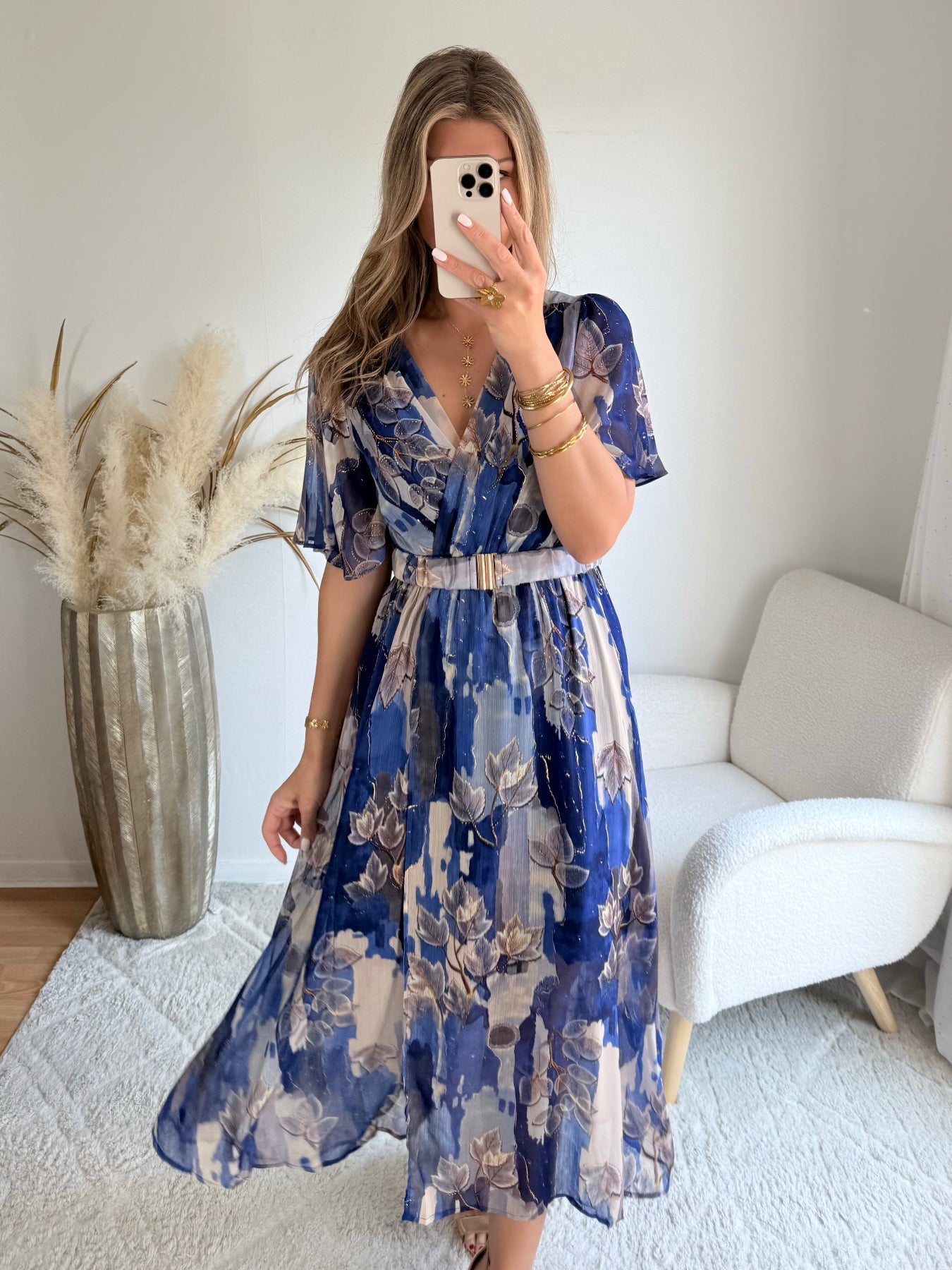 robe longue grande taille imprimée bleu doré femme coupe portefeuille fluide fendue du S au 4XL Mona