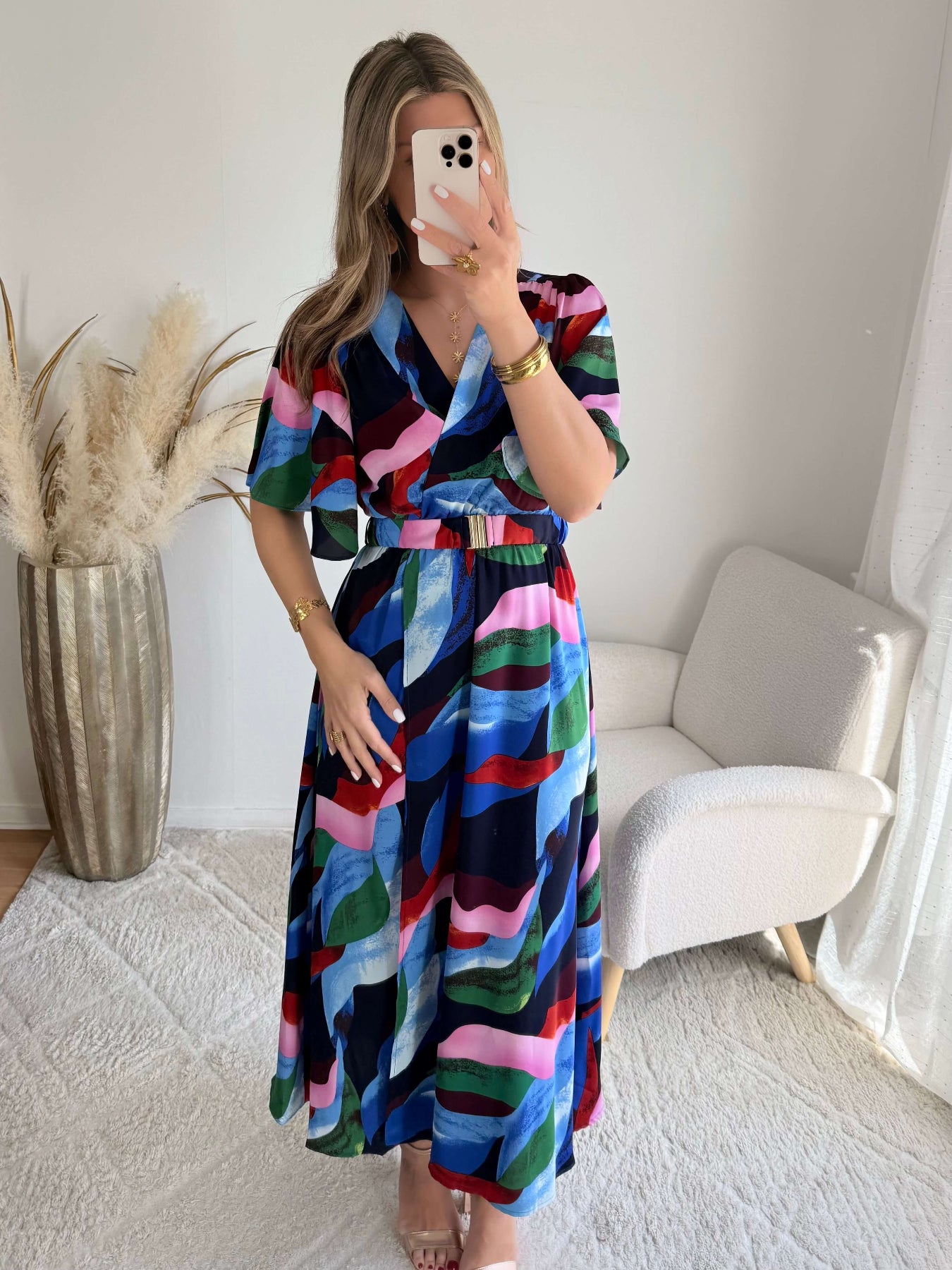 Robe longue bleue et rose fluide fendue femme élégante Easy Dressing