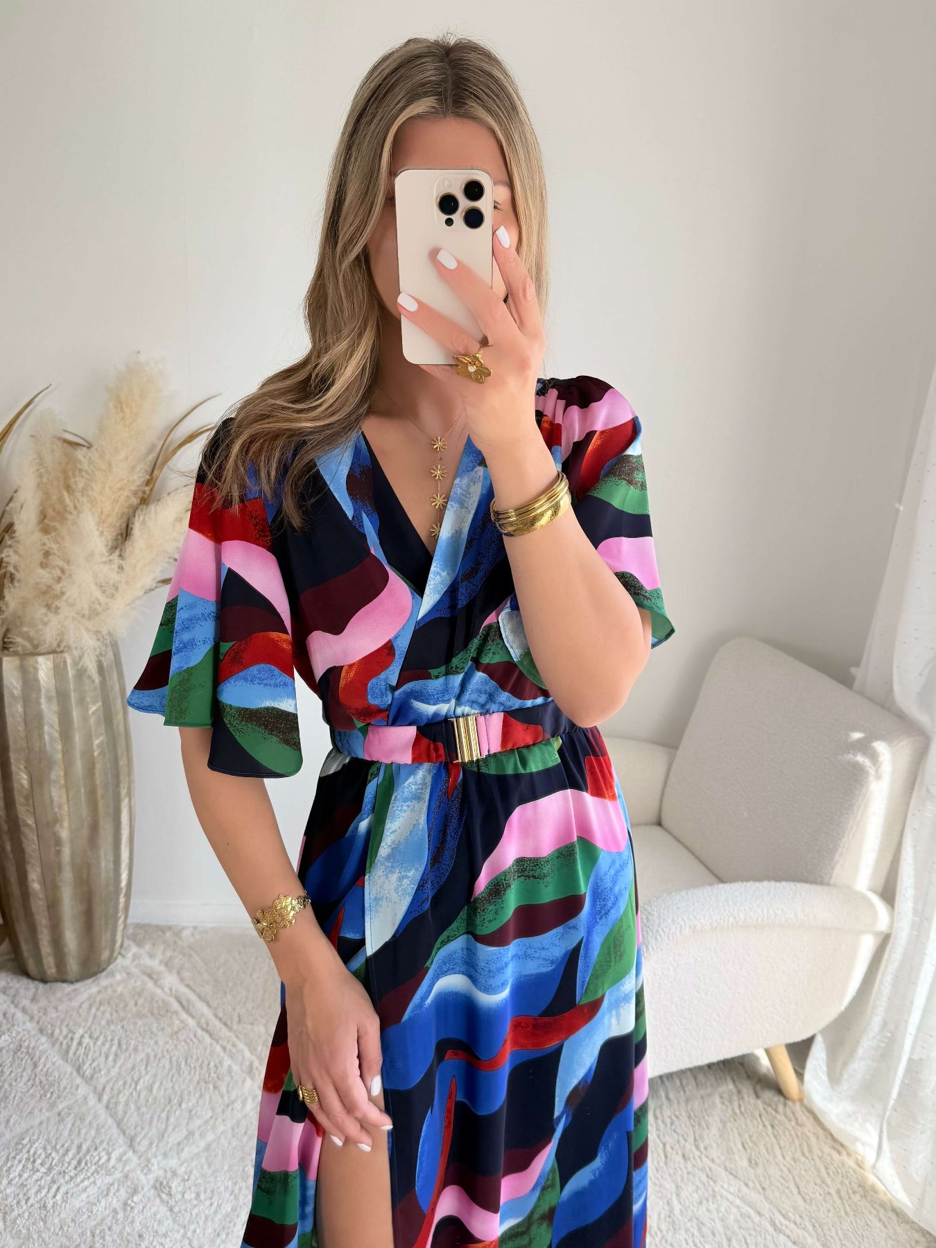 Robe longue bleue et rose fluide fendue femme élégante Easy Dressing