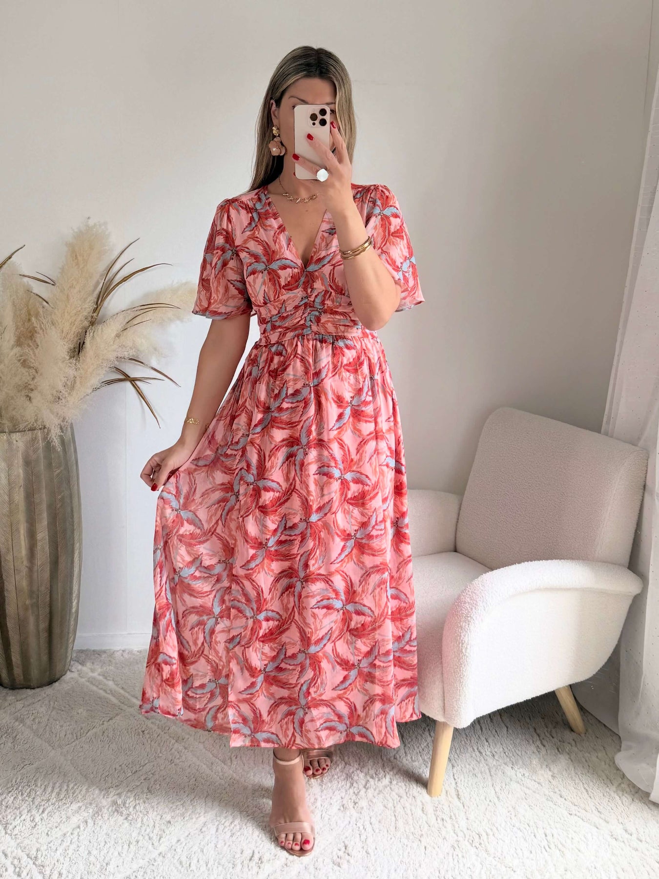 Robe longue fendue corail fleurie du S au 4XL