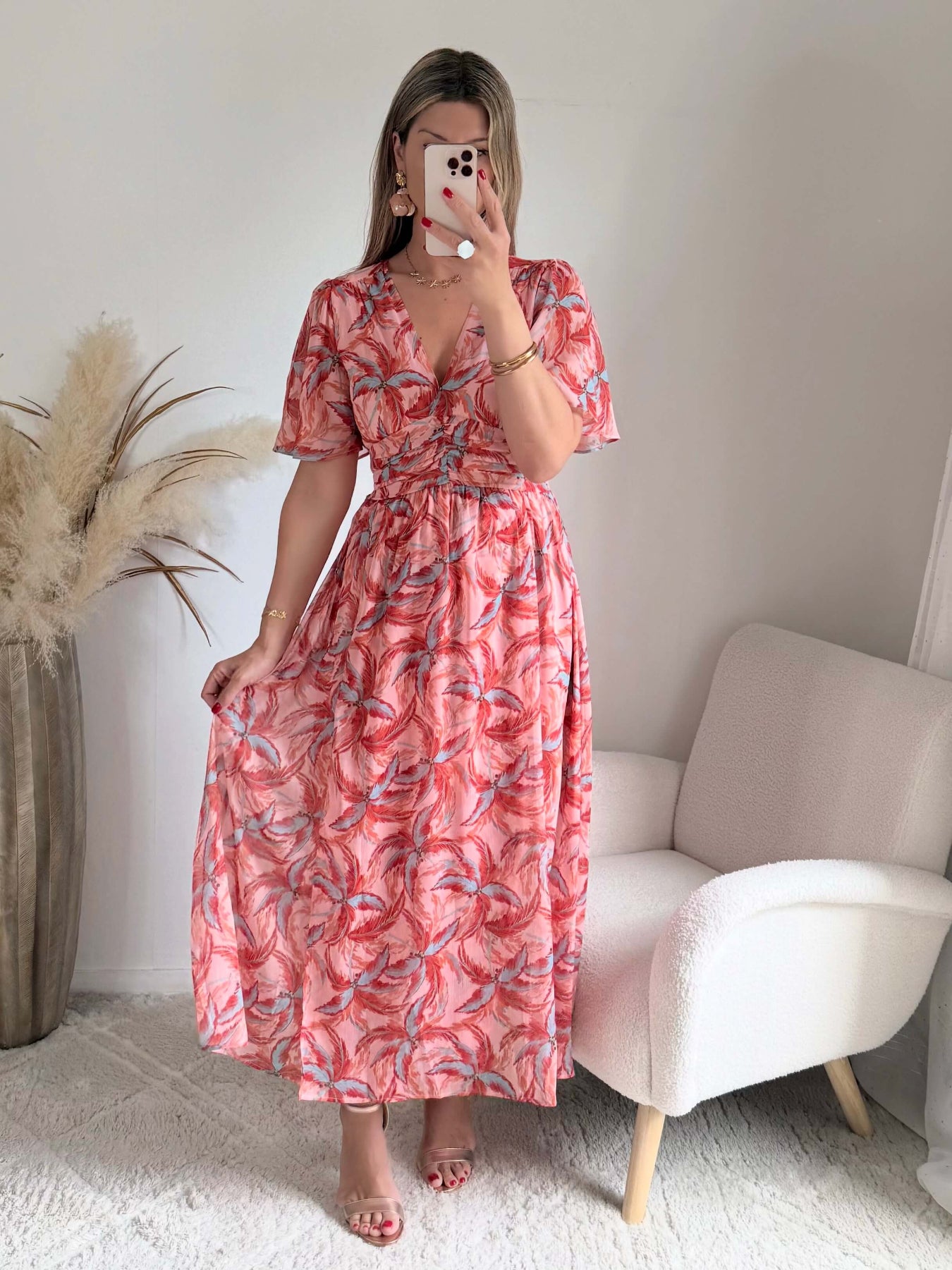 Robe longue fendue corail fleurie du S au 4XL