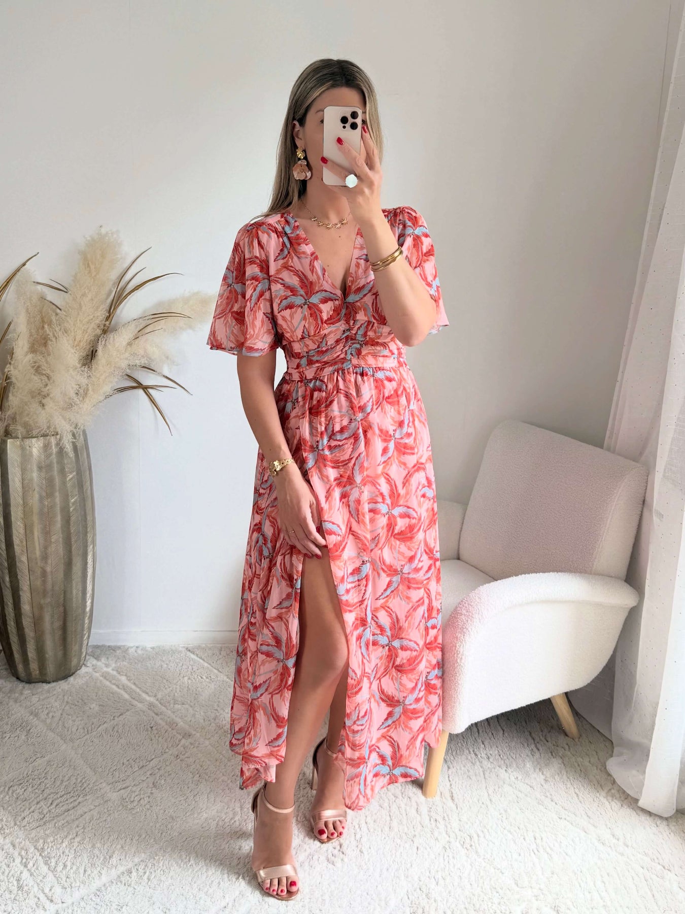 Robe longue fendue corail fleurie du S au 4XL