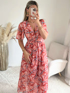 Robe longue fendue corail fleurie du S au 4XL