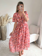 Robe longue fendue corail fleurie du S au 4XL