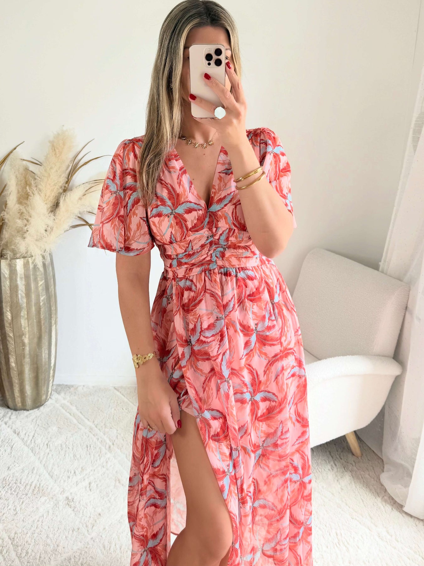 Robe longue fendue corail fleurie du S au 4XL