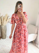 Robe longue fendue corail fleurie du S au 4XL