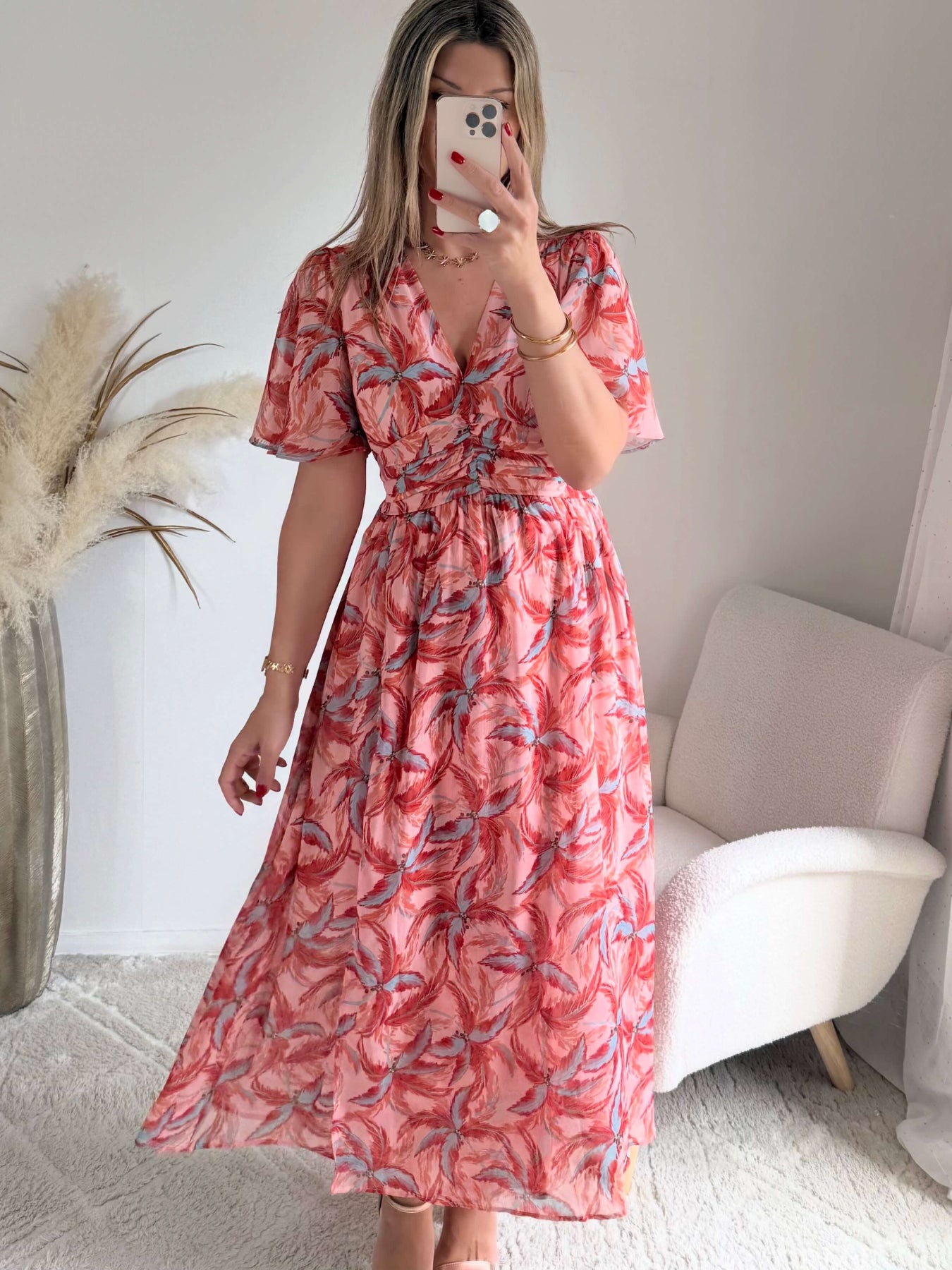 Robe longue fendue corail fleurie du S au 4XL