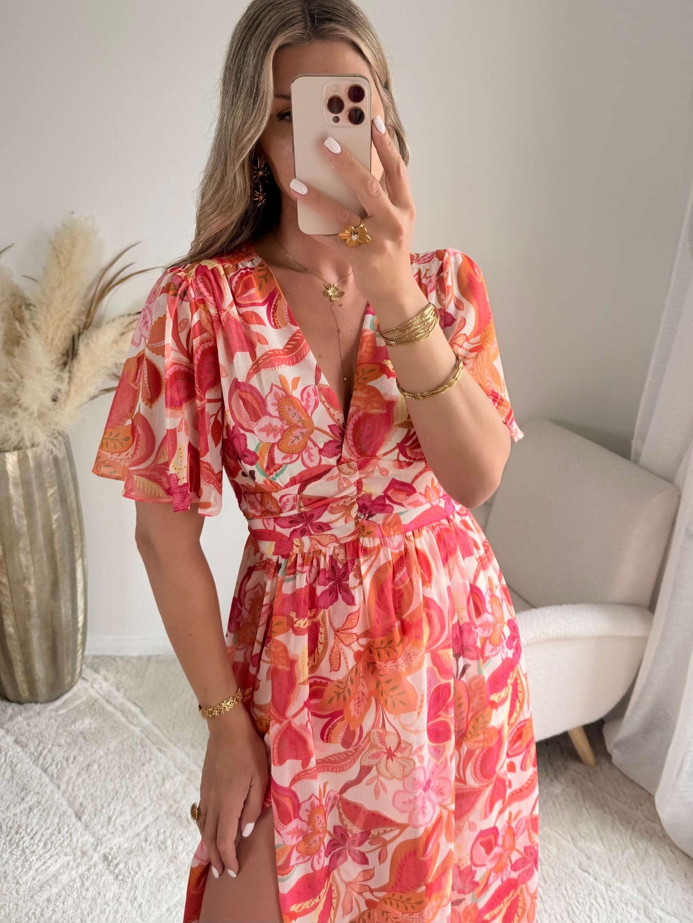 Robe longue fleurie corail Tina fluide fendue élégante Easy Dressing