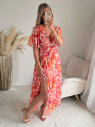 Robe longue fleurie corail Tina fluide fendue élégante Easy Dressing