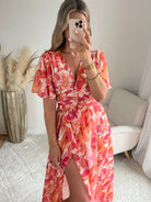 Robe longue fleurie corail Tina fluide fendue élégante Easy Dressing